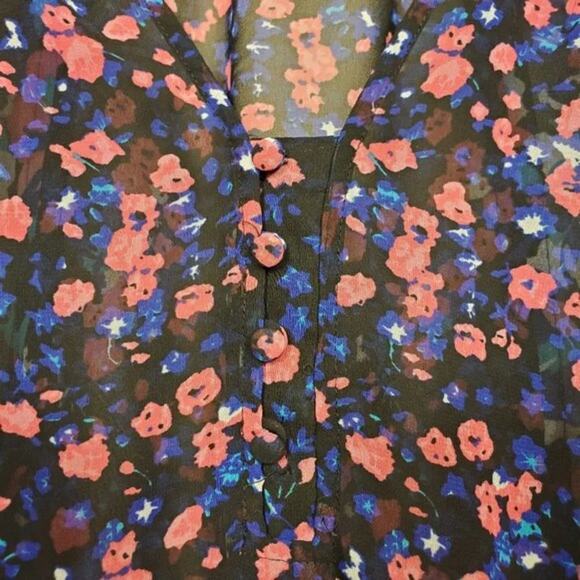 INC International Concepts Floral Blouse Womens Size 6 Blue Pink Black Sheer Top - Picture 3 of 8